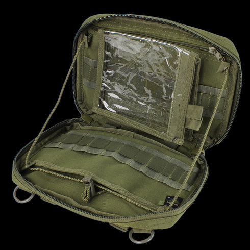 The Condor T & T Pouch - MultiCam is an open tactical pouch featuring multiple compartments, elastic loops, a zippered mesh pocket, and an internal clear plastic sleeve.