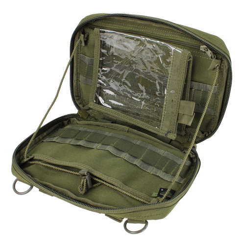 The Condor T & T Pouch - MultiCam is an open tactical pouch featuring multiple compartments, elastic loops, a zippered mesh pocket, and an internal clear plastic sleeve.