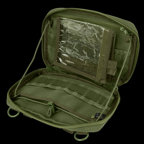 The Condor T & T Pouch in olive green features multiple interior compartments, including a clear plastic window, zippered pocket, and elastic loops for organized storage.