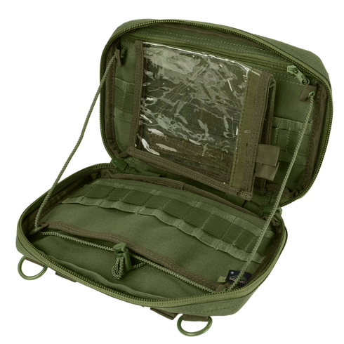 The Condor T & T Pouch in olive green features multiple interior compartments, including a clear plastic window, zippered pocket, and elastic loops for organized storage.