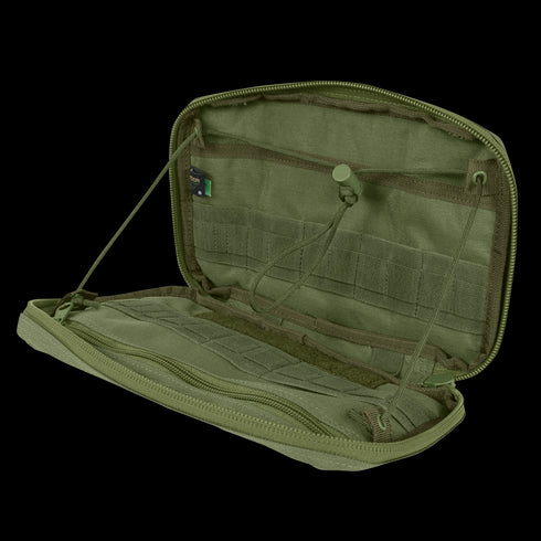 The Condor T & T Pouch is an open olive green zippered pouch with internal pockets, elastic loops, and a cord; it is empty and displayed against a white background.