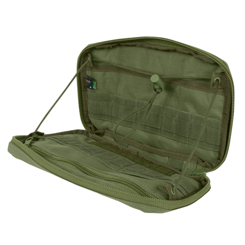 The Condor T & T Pouch is an open olive green zippered pouch with internal pockets, elastic loops, and a cord; it is empty and displayed against a white background.