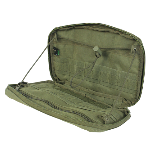 The Condor T & T Pouch - MultiCam is shown empty against a white background, featuring multiple internal pockets, elastic straps, and a zipper closure.