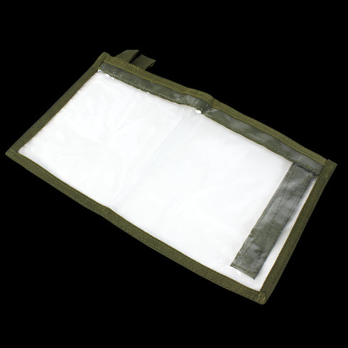 The Condor T & T Pouch - MultiCam features a clear plastic body with an olive green border and hook-and-loop closure, displayed empty on a white background.