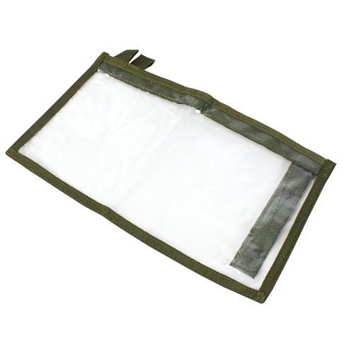 The Condor T & T Pouch - MultiCam features a clear plastic body with an olive green border and hook-and-loop closure, displayed empty on a white background.