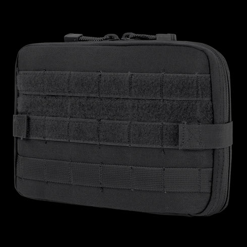 The Condor T & T Pouch is a black tactical zippered pouch with front hook-and-loop panels and multiple rows of MOLLE webbing, ideal for EDC or first responder use.