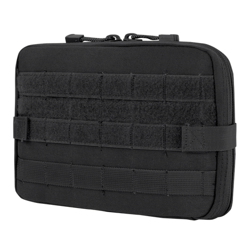 The Condor T & T Pouch is a black tactical zippered pouch with front hook-and-loop panels and multiple rows of MOLLE webbing, ideal for EDC or first responder use.
