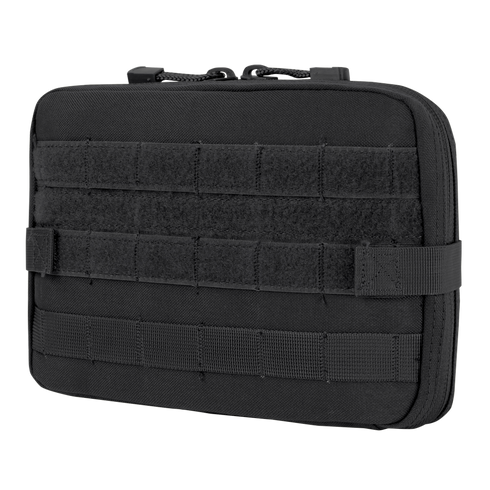 The Condor T & T Pouch is a black tactical zippered pouch with front hook-and-loop panels and multiple rows of MOLLE webbing, ideal for EDC or first responder use.