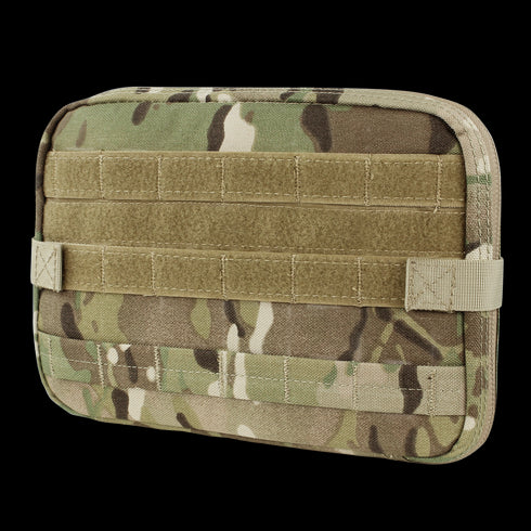 The Condor T & T Pouch in MultiCam features a rectangular design with a camouflage pattern and horizontal webbing straps on the front.