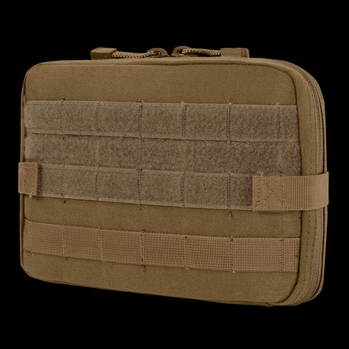 The Condor T & T Pouch is a tan tactical pouch with MOLLE webbing and a zipper closure, perfect for organizing gear and attaching to packs—ideal for law enforcement or everyday carry.