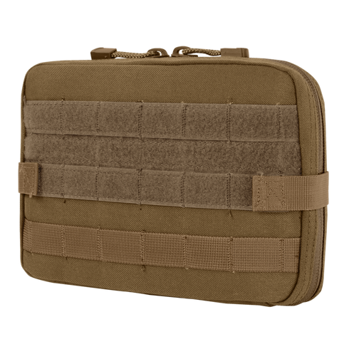 The Condor T & T Pouch is a tan tactical pouch with MOLLE webbing and a zipper closure, perfect for organizing gear and attaching to packs—ideal for law enforcement or everyday carry.