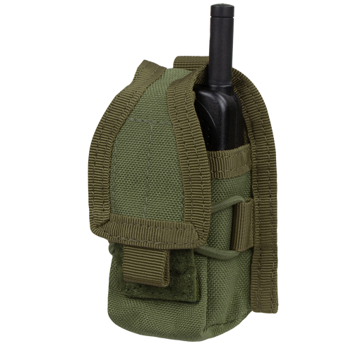 The Condor HHR Pouch in Olive Drab securely holds a black handheld radio, featuring a flap cover and MOLLE attachment straps.