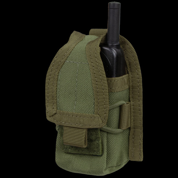 The Condor HHR Pouch in Olive Drab securely holds a black handheld radio, featuring a flap cover and MOLLE attachment straps.