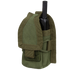 The Condor HHR Pouch in Olive Drab securely holds a black handheld radio, featuring a flap cover and MOLLE attachment straps.