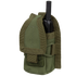 The Condor HHR Pouch in Olive Drab securely holds a black handheld radio, featuring a flap cover and MOLLE attachment straps.