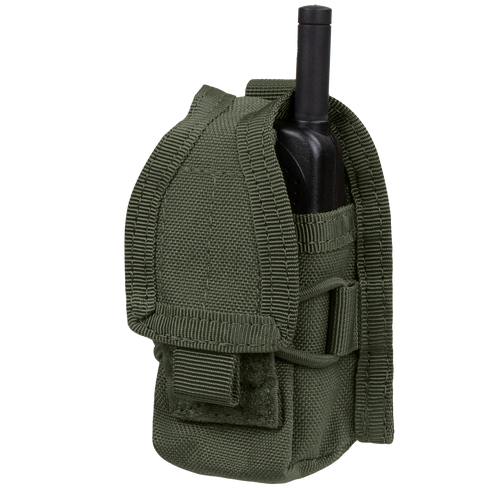 The Condor HHR Pouch is an olive green, heavy-duty nylon pouch with a flap and Velcro closure, designed to securely hold a black handheld radio—ideal for everyday carry or the shooting range.