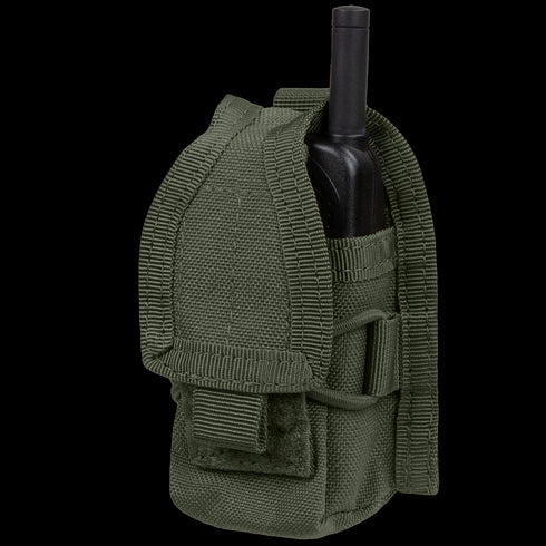 The Condor HHR Pouch is an olive green, heavy-duty nylon pouch with a flap and Velcro closure, designed to securely hold a black handheld radio—ideal for everyday carry or the shooting range.