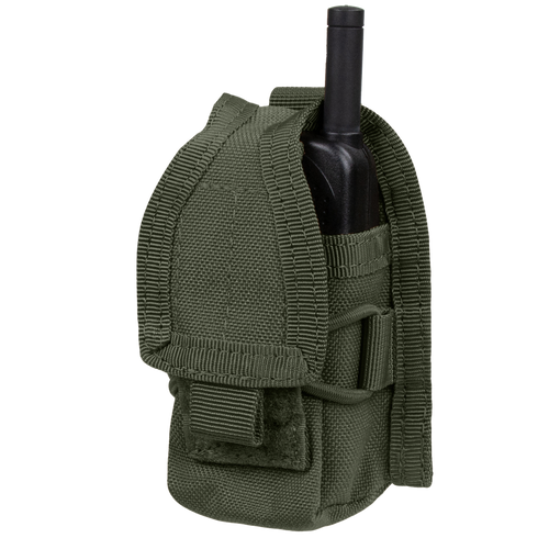 The Condor HHR Pouch is an olive green, heavy-duty nylon pouch with a flap and Velcro closure, designed to securely hold a black handheld radio—ideal for everyday carry or the shooting range.