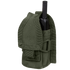 The Condor HHR Pouch is an olive green, heavy-duty nylon pouch with a flap and Velcro closure, designed to securely hold a black handheld radio—ideal for everyday carry or the shooting range.