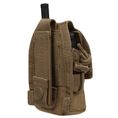 The Condor HHR Pouch is a brown tactical nylon pouch with buckle and strap, ideal for EDC or first responders, designed to securely hold a black handheld radio device.