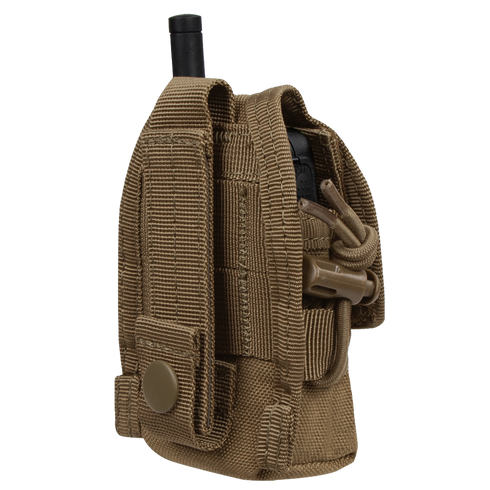 The Condor HHR Pouch is a brown tactical nylon pouch with buckle and strap, ideal for EDC or first responders, designed to securely hold a black handheld radio device.