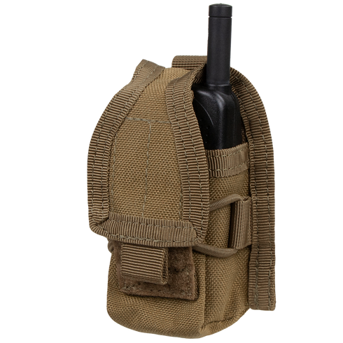 The Condor HHR Pouch is a tan tactical nylon case with a velcro flap and reinforced seams, designed to securely hold a black handheld radio—ideal for law enforcement or shooting range use.