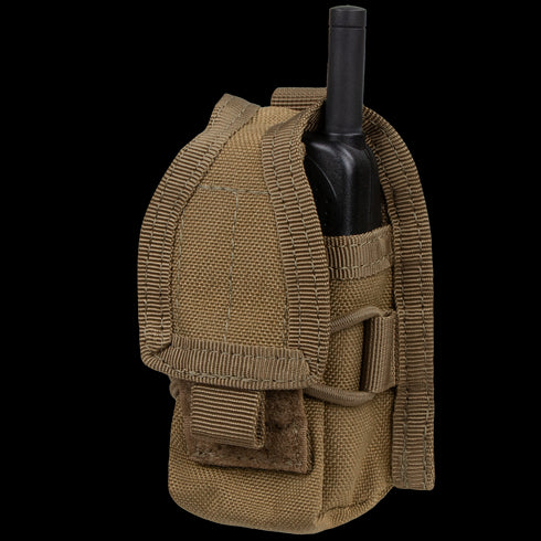 The Condor HHR Pouch is a tan tactical nylon case with a velcro flap and reinforced seams, designed to securely hold a black handheld radio—ideal for law enforcement or shooting range use.
