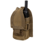 The Condor HHR Pouch is a tan tactical nylon case with a velcro flap and reinforced seams, designed to securely hold a black handheld radio—ideal for law enforcement or shooting range use.