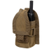 The Condor HHR Pouch is a tan tactical nylon case with a velcro flap and reinforced seams, designed to securely hold a black handheld radio—ideal for law enforcement or shooting range use.