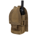 The Condor HHR Pouch is a tan tactical nylon case with a velcro flap and reinforced seams, designed to securely hold a black handheld radio—ideal for law enforcement or shooting range use.