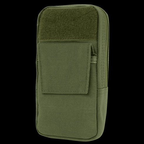 The Condor GPS Pouch in Olive Drab features a front flap pocket and a zippered main compartment, ideal for carrying small items or tools.