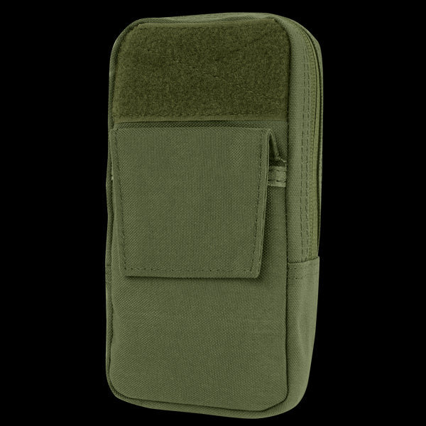 The Condor GPS Pouch in Olive Drab features a front flap pocket and a zippered main compartment, ideal for carrying small items or tools.