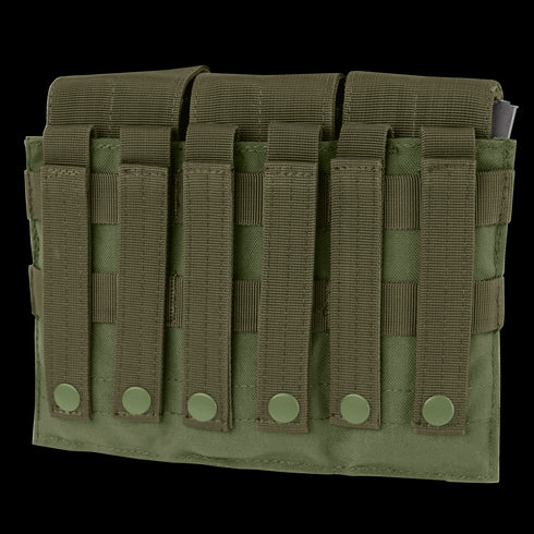 The Condor Triple M4 Mag Pouch is an olive green tactical pouch with MOLLE webbing and six snap-button straps on the back for secure attachment to compatible gear.