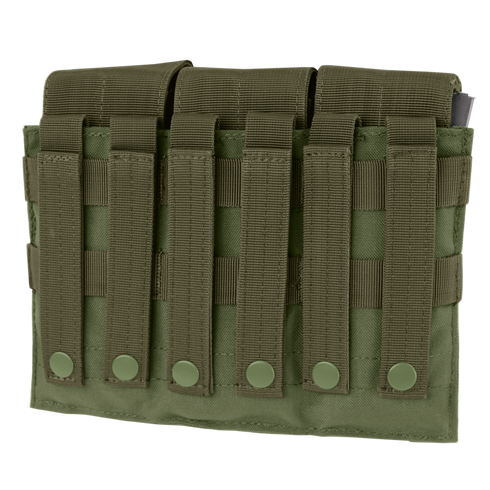 The Condor Triple M4 Mag Pouch is an olive green tactical pouch with MOLLE webbing and six snap-button straps on the back for secure attachment to compatible gear.
