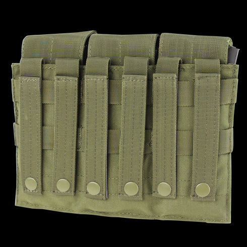 Condor Triple M4 Mag Pouch in Scorpion OCP features five snap-button straps and MOLLE webbing for secure attachment to military or law enforcement gear and backpacks.