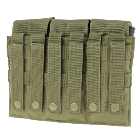 Condor Triple M4 Mag Pouch in Scorpion OCP features five snap-button straps and MOLLE webbing for secure attachment to military or law enforcement gear and backpacks.