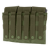 The Condor Triple M4 Mag Pouch is an olive green tactical pouch with MOLLE webbing and six snap-button straps on the back for secure attachment to compatible gear.