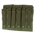 The Condor Triple M4 Mag Pouch is an olive green tactical pouch with MOLLE webbing and six snap-button straps on the back for secure attachment to compatible gear.