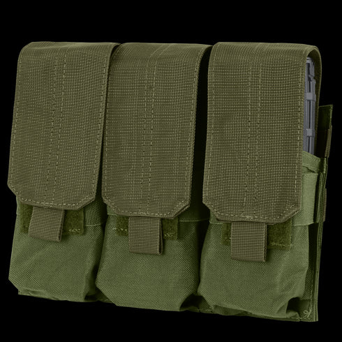 The Condor Triple M4 Mag Pouch in Olive Drab features three compartments, each secured by a flap with a hook-and-loop closure.