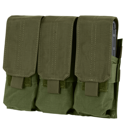 The Condor Triple M4 Mag Pouch in Olive Drab features three compartments, each secured by a flap with a hook-and-loop closure.