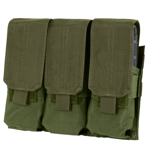The Condor Triple M4 Mag Pouch in Olive Drab features three compartments, each secured by a flap with a hook-and-loop closure.