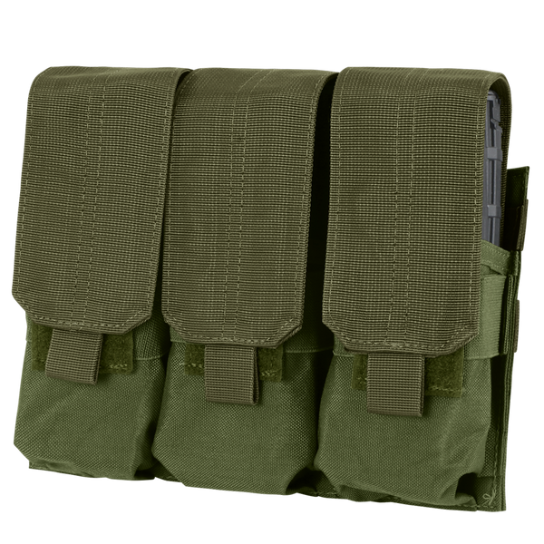 The Condor Triple M4 Mag Pouch in Olive Drab features three compartments, each secured by a flap with a hook-and-loop closure.