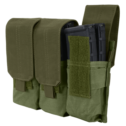 The Condor Triple M4 Mag Pouch is a green fabric pouch that holds three black rifle magazines, secured with flap covers and hook-and-loop fasteners.