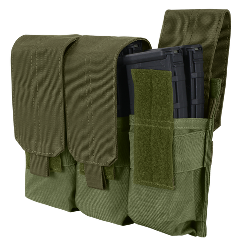 The Condor Triple M4 Mag Pouch is a green fabric pouch that holds three black rifle magazines, secured with flap covers and hook-and-loop fasteners.