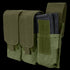 The Condor Triple M4 Mag Pouch is a green fabric pouch that holds three black rifle magazines, secured with flap covers and hook-and-loop fasteners.
