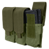 The Condor Triple M4 Mag Pouch is a green fabric pouch that holds three black rifle magazines, secured with flap covers and hook-and-loop fasteners.