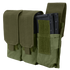 The Condor Triple M4 Mag Pouch is a green fabric pouch that holds three black rifle magazines, secured with flap covers and hook-and-loop fasteners.