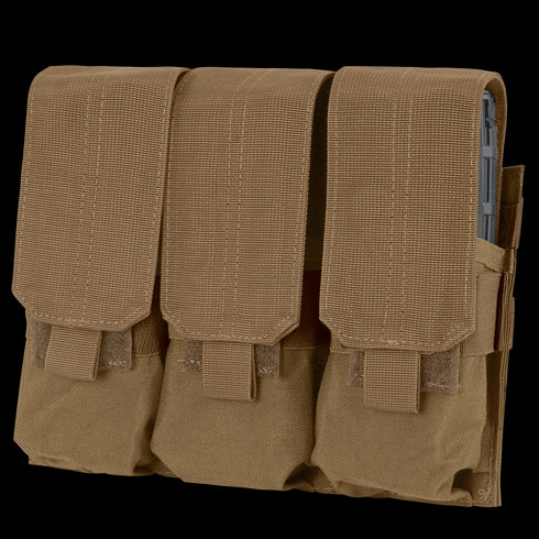 The Condor Triple M4 Mag Pouch is a tan tactical magazine holder with three compartments and hook-and-loop flap closures, designed to securely carry M4 rifle magazines.