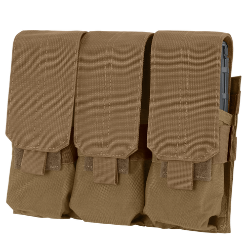 The Condor Triple M4 Mag Pouch is a tan tactical magazine holder with three compartments and hook-and-loop flap closures, designed to securely carry M4 rifle magazines.