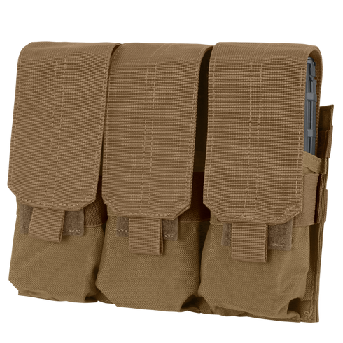 The Condor Triple M4 Mag Pouch is a tan tactical magazine holder with three compartments and hook-and-loop flap closures, designed to securely carry M4 rifle magazines.